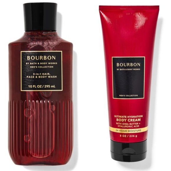 New BATH & BODY WORKS 2-Set Bourbon Body Cream + 3-in-1 Hair, Face & Body Wash - Picture 1 of 8